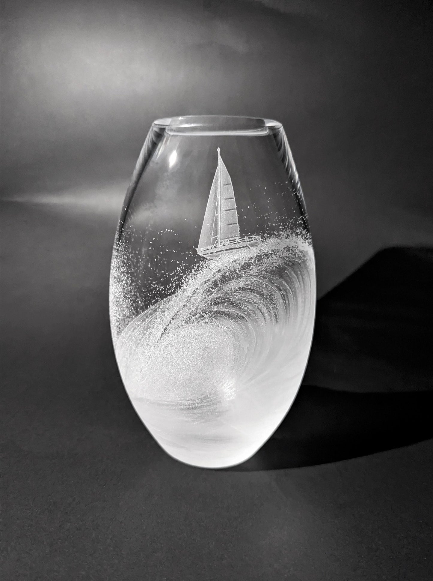 Hand Engraved Boat and Wave Vase - Sailing Yacht Gift