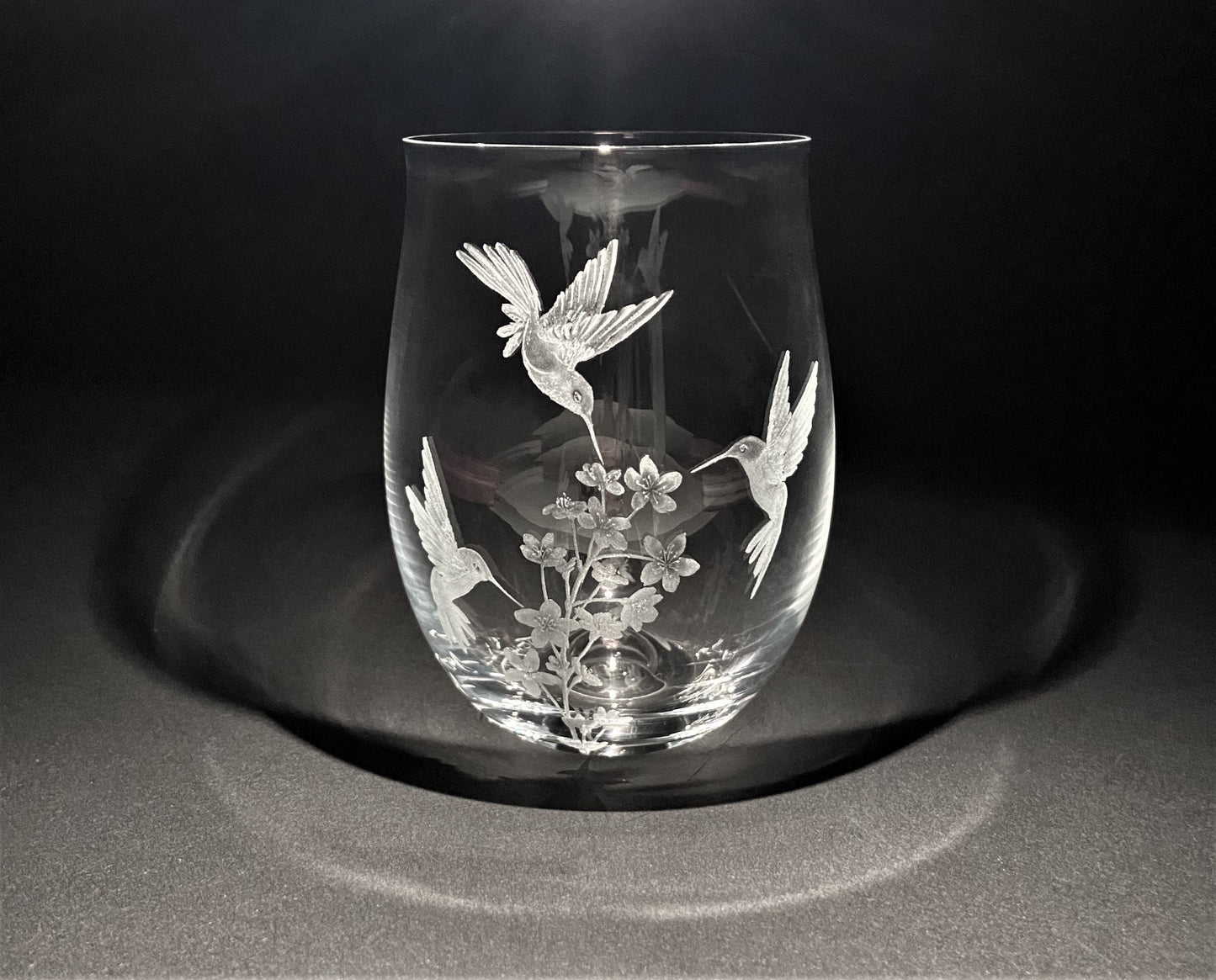 Hand Engraved Hummingbirds and Flowers - Unique Hummingbird Stemless Wine Glass