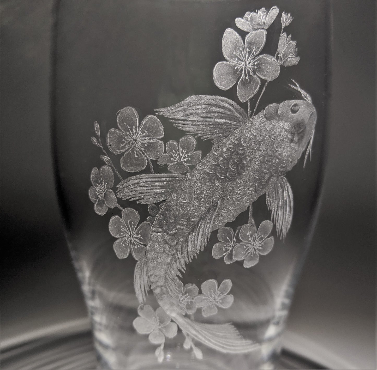 Hand Engraved Koi Fish Pint Glass – Cherry Blossom and Koi Fish Gift
