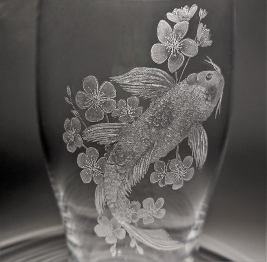 Hand Engraved Koi Fish Pint Glass – Cherry Blossom and Koi Fish Gift