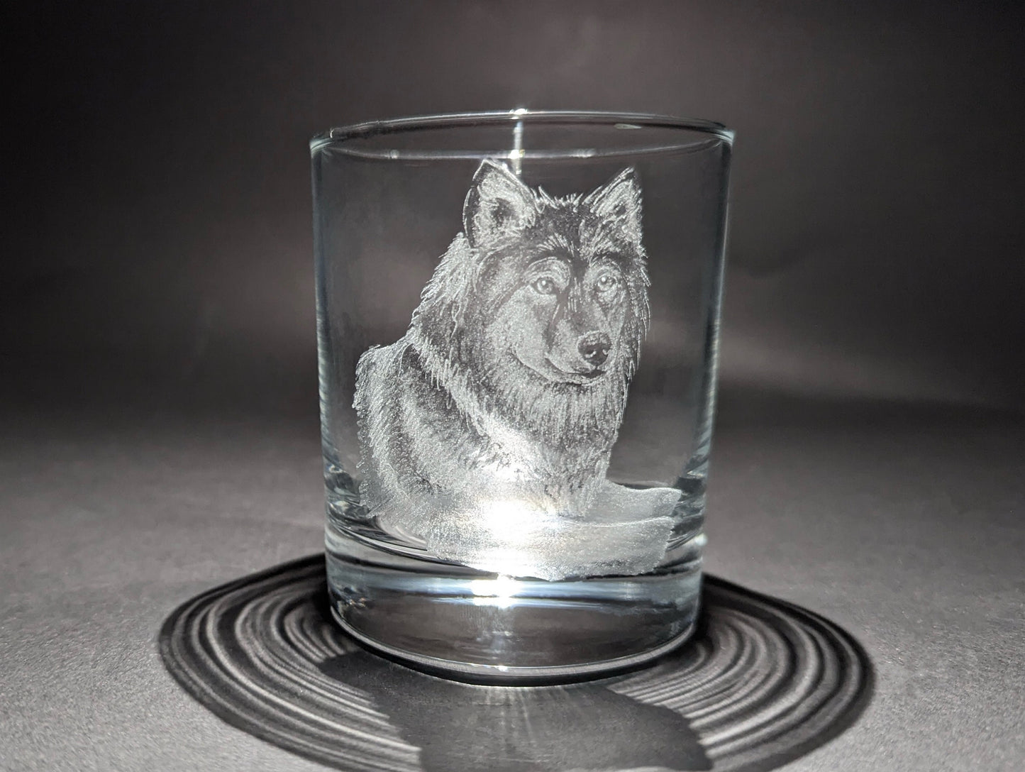 Hand Engraved Wolf Whisky Glass – Custom Wolf Glass Art Gift