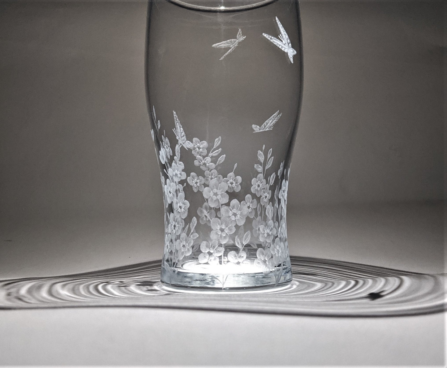 Hand Engraved Floral Beer Glass - Forget Me Not and Butterflies