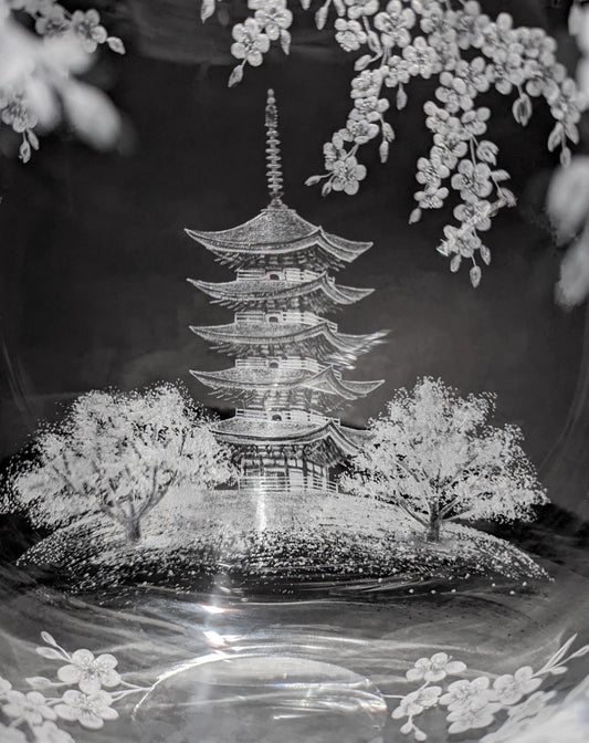 Japanese Temple Vase - Japanese Cherry Blossom Gift - Hand Engraved Crystal Vase