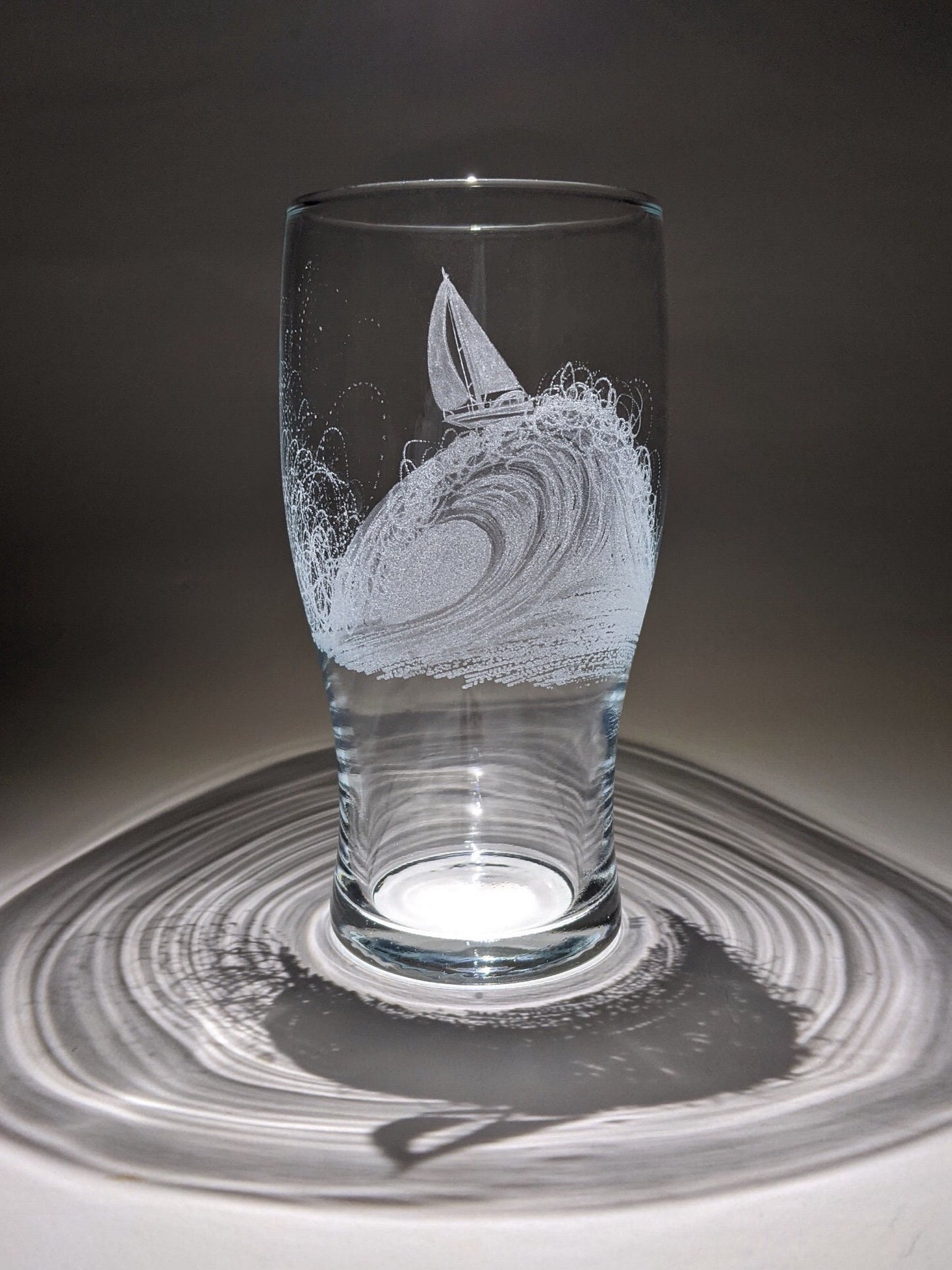 Hand Engraved Sailing Yacht Pint Glass – Ocean Wave and Boat Gift