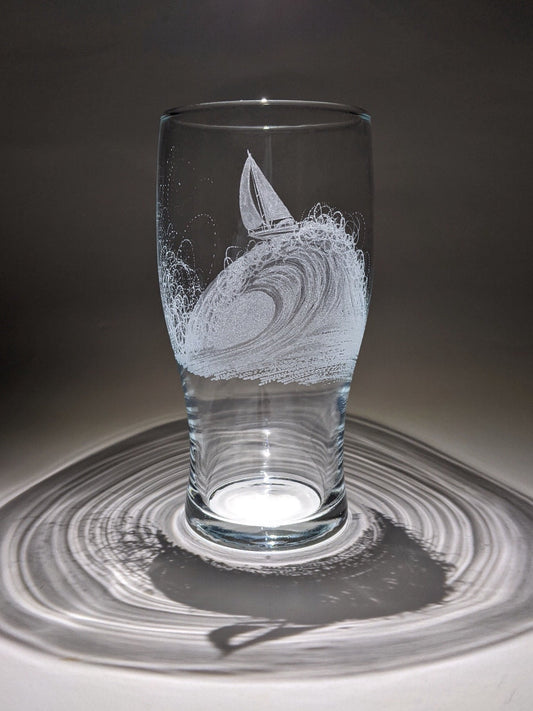 Hand Engraved Sailing Yacht Pint Glass – Ocean Wave and Boat Gift
