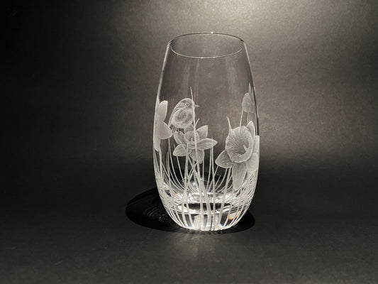 Hand Engraved Daffodil and Robin Vase - Robin and Flowers Gifts