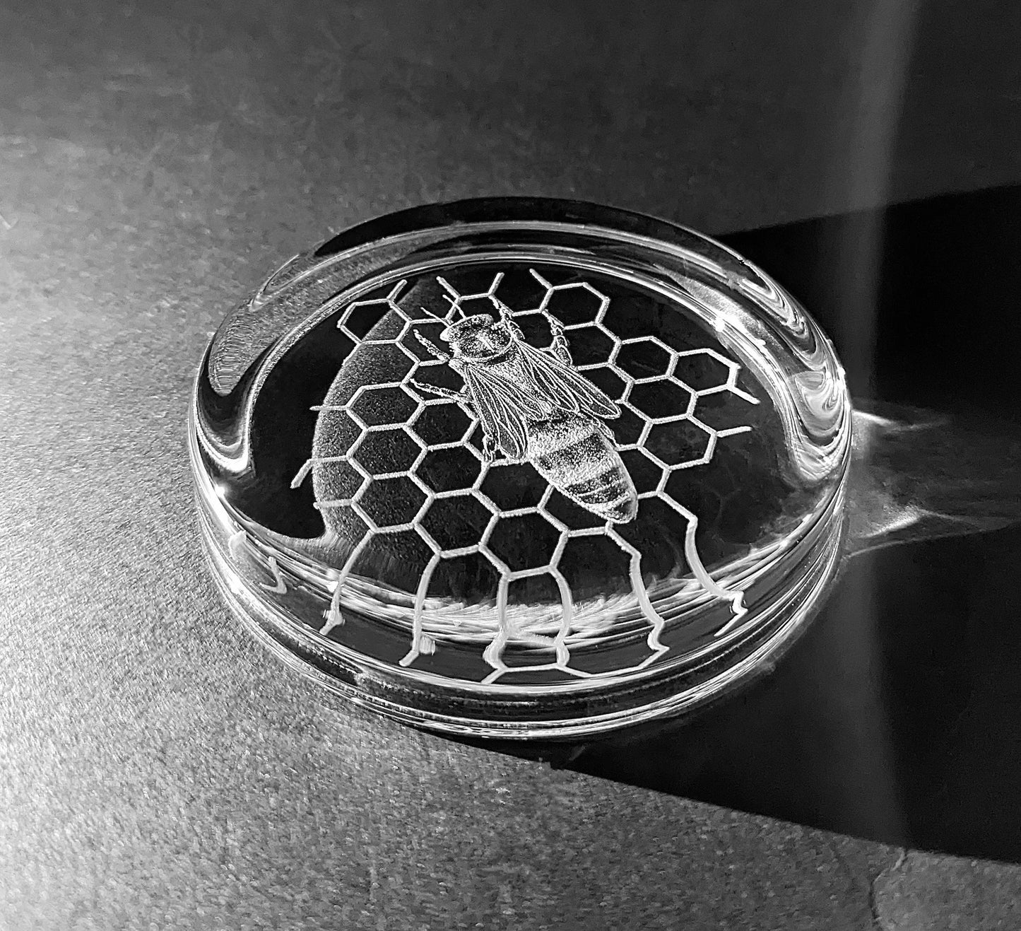 Unique Queen Bee Paperweight - Engraved Honeycomb and Bee Paperweight