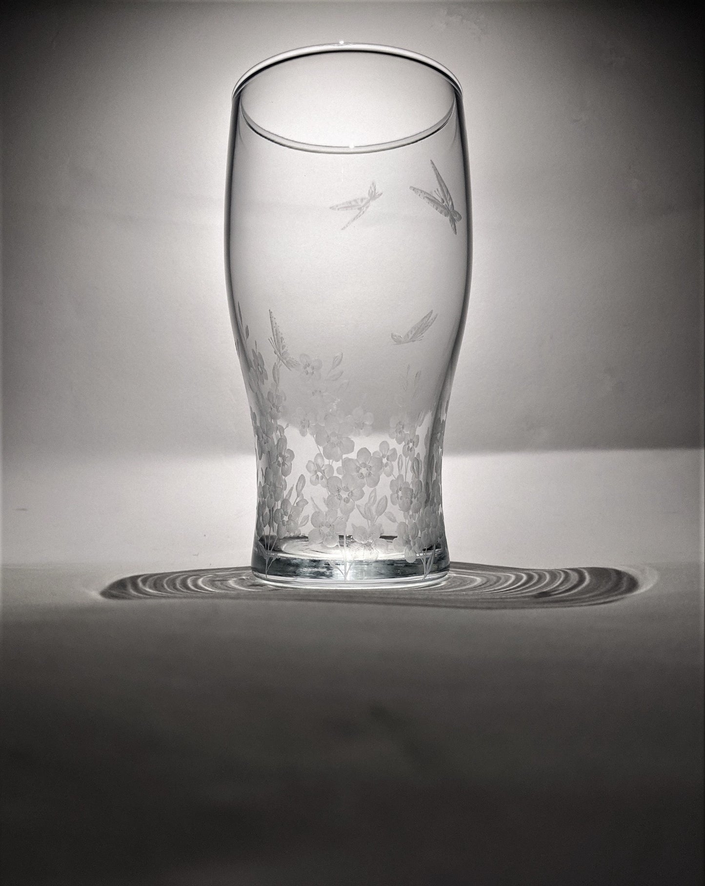 Hand Engraved Floral Beer Glass - Forget Me Not and Butterflies