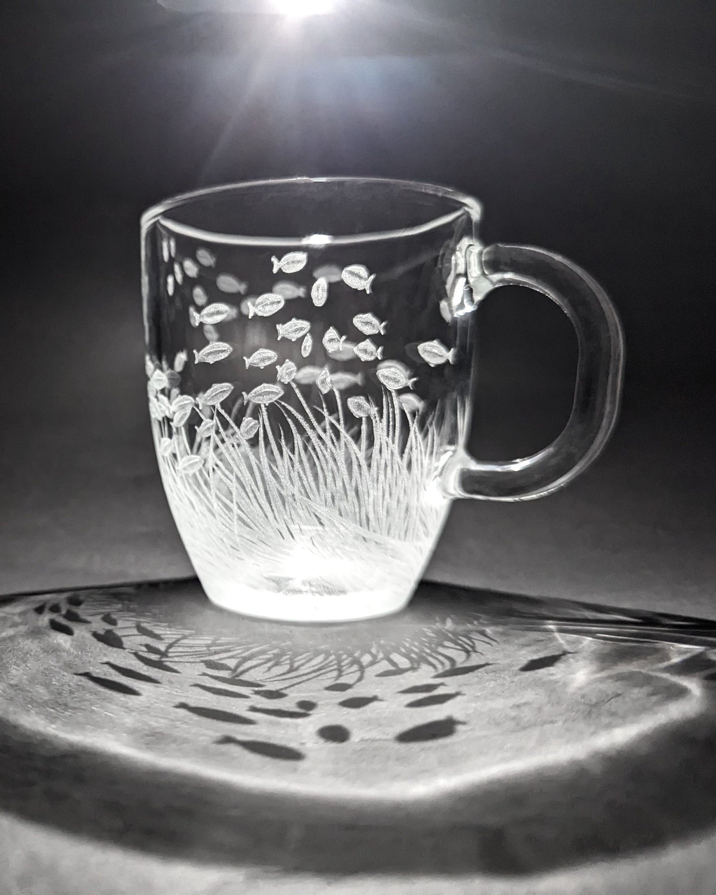Hand Engraved Sea Grass & Fish Glass Mug – Ocean & Coastal Gift