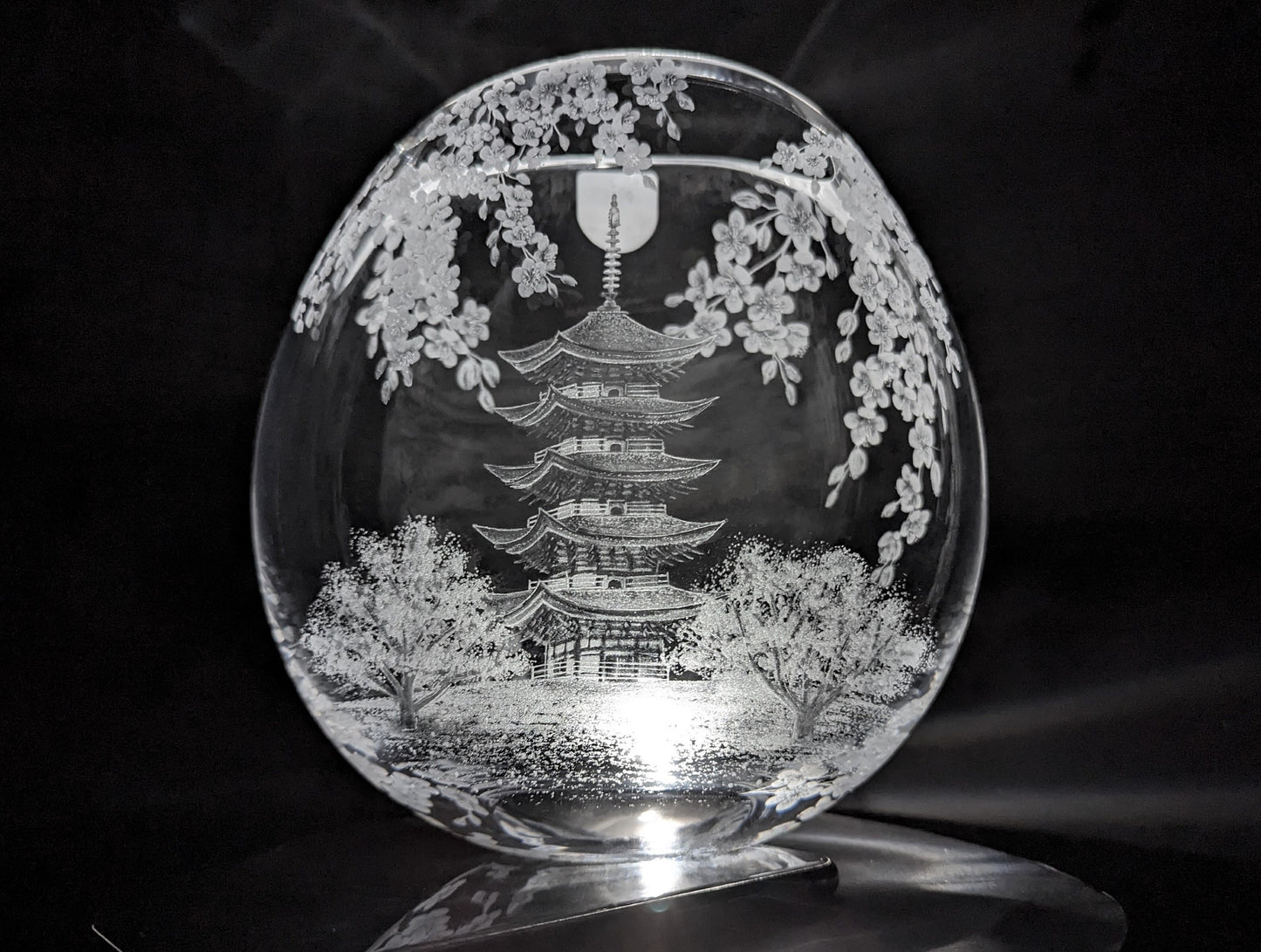 Japanese Temple Vase - Japanese Cherry Blossom Gift - Hand Engraved Crystal Vase