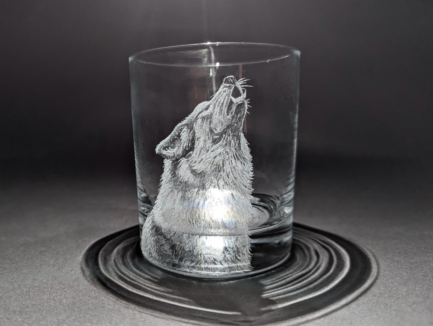 Hand Engraved Wolf Whisky Glass – Custom Wolf Glass Art Gift