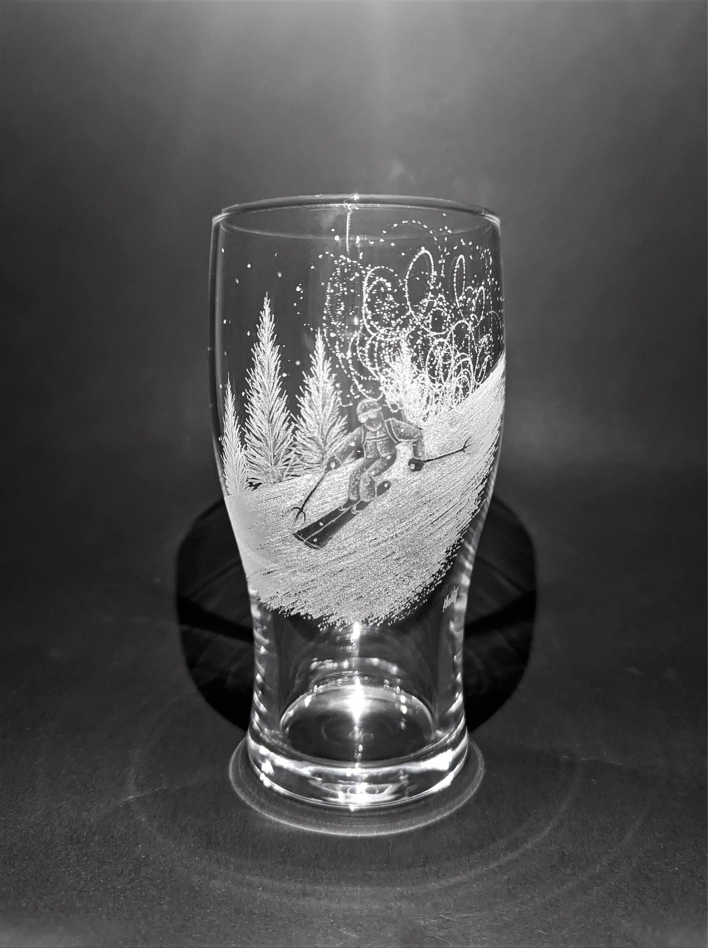 Custom Ski Beer Glass - Hand Engraved Skiing Pint Glass