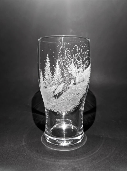 Custom Ski Beer Glass - Hand Engraved Skiing Pint Glass