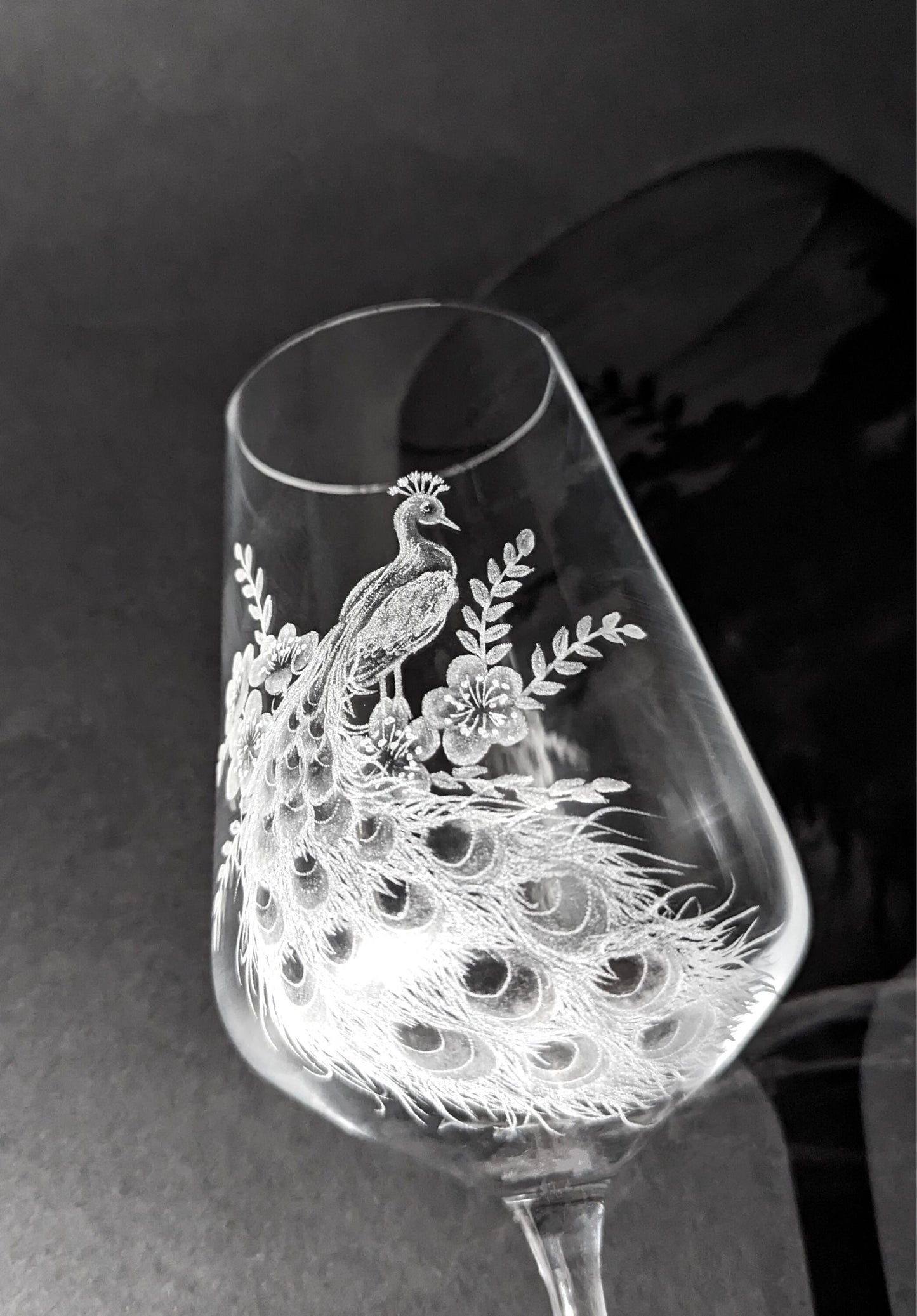 Hand Engraved Peacock Wine Glasses - Unique Peacock Gift