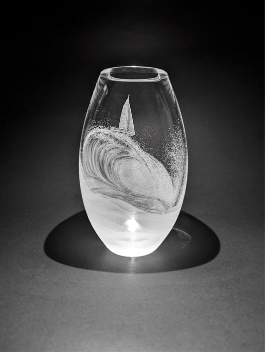 Hand Engraved Boat and Wave Vase - Sailing Yacht Gift