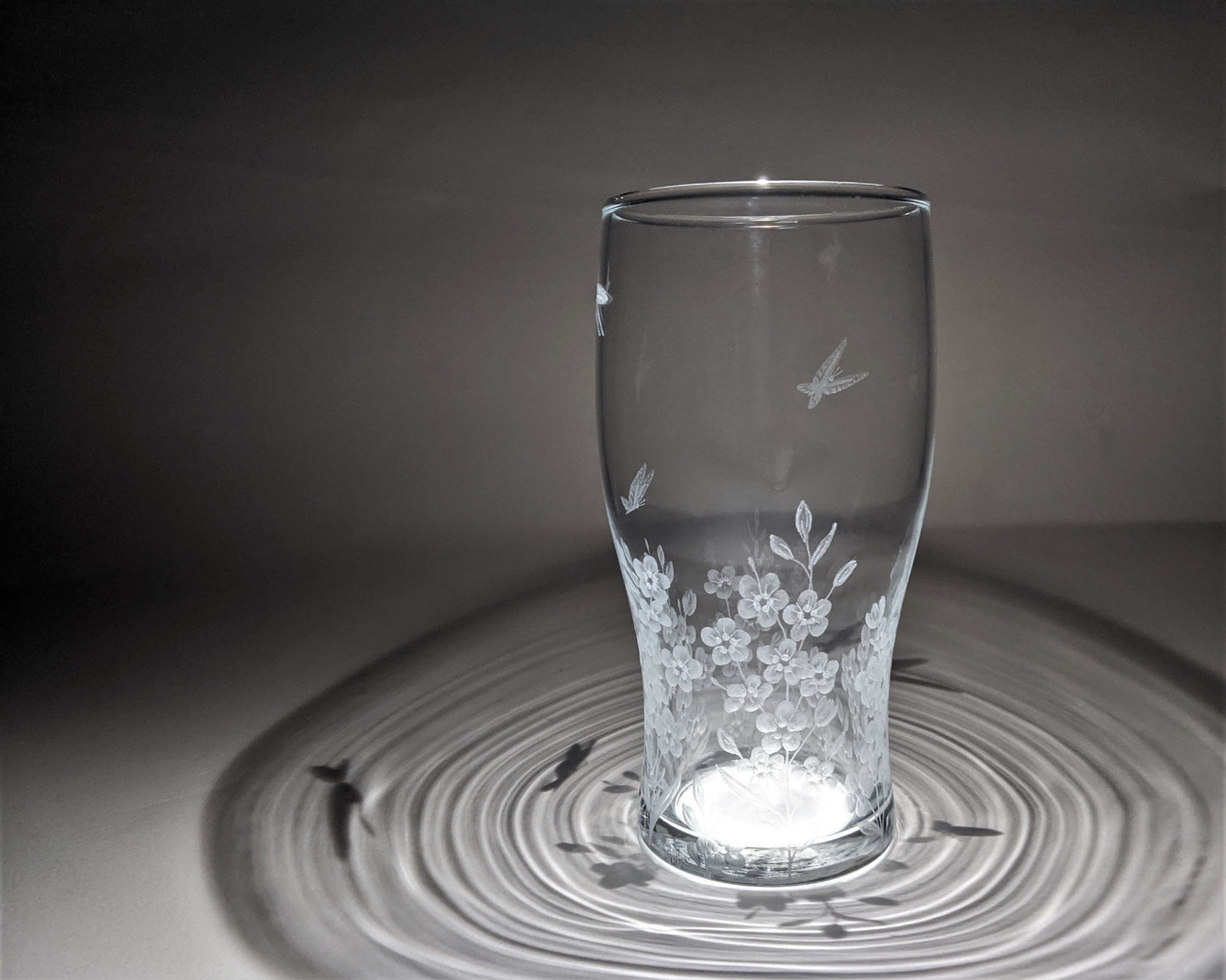Hand Engraved Floral Beer Glass - Forget Me Not and Butterflies