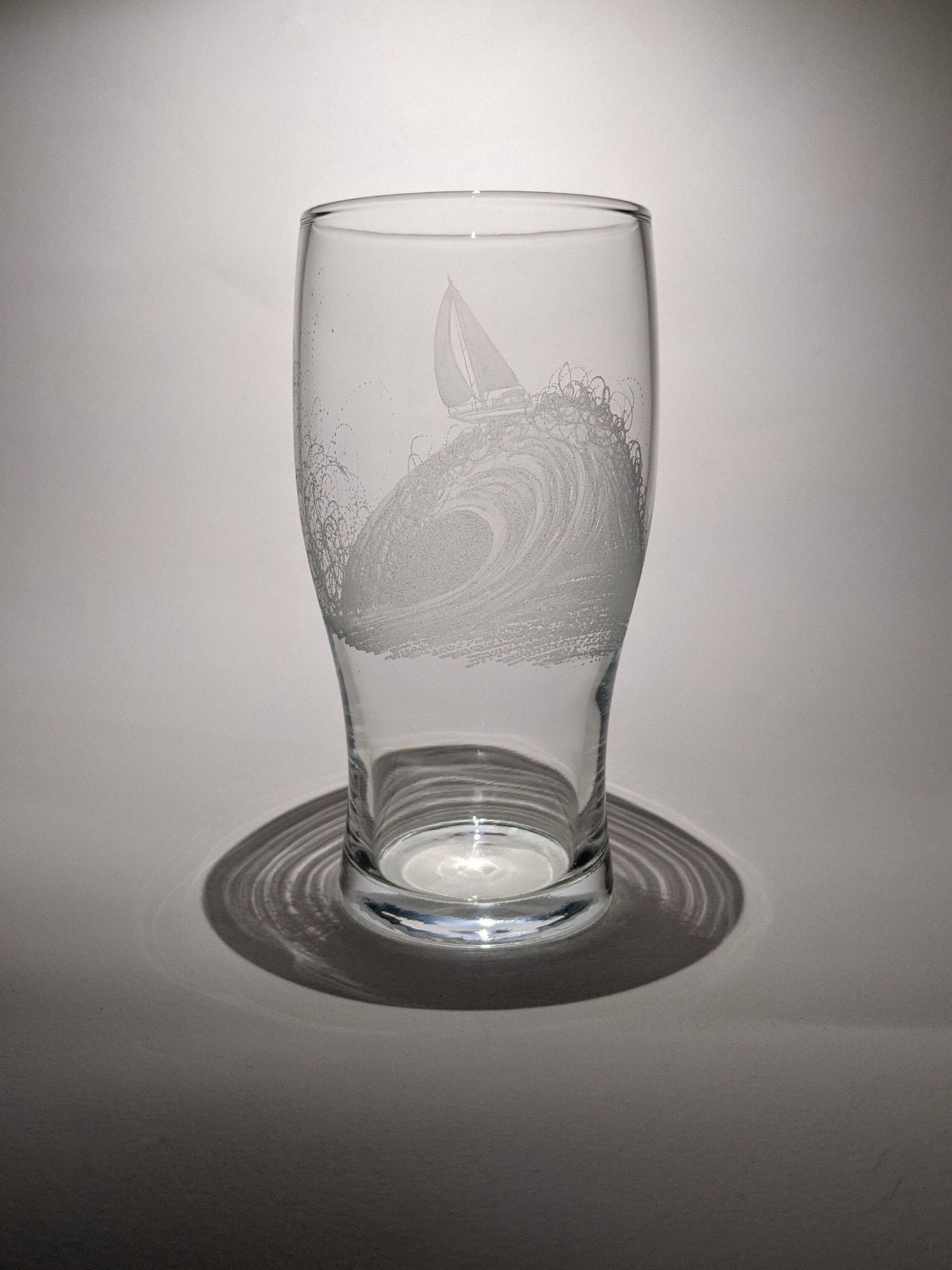 Hand Engraved Sailing Yacht Pint Glass – Ocean Wave and Boat Gift