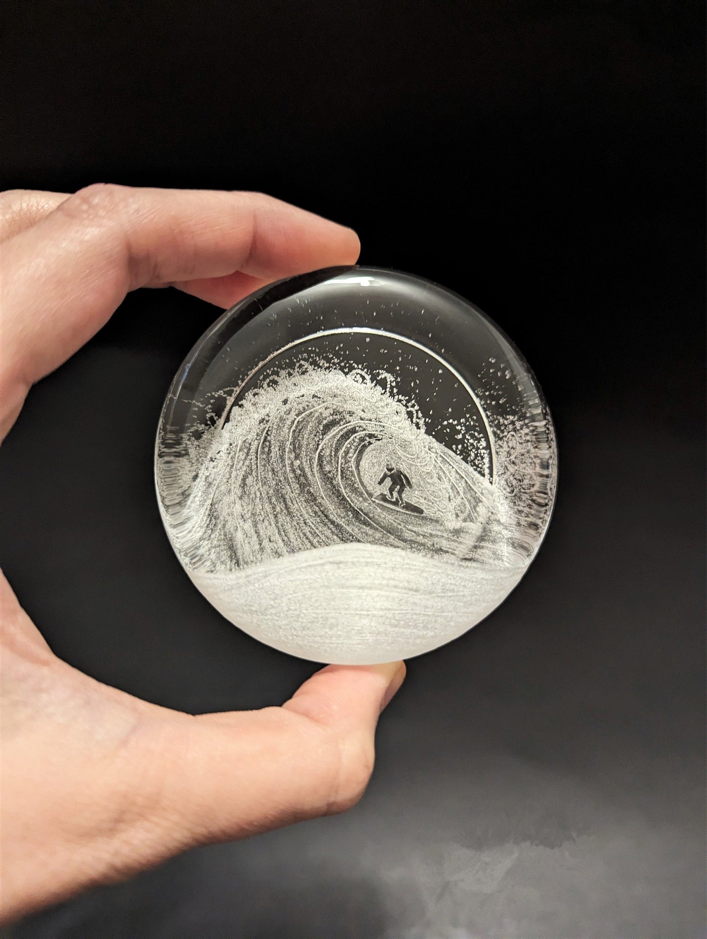 Hand Engraved Wave Paperweight - Surfing Glass Gift - Ocean Wave