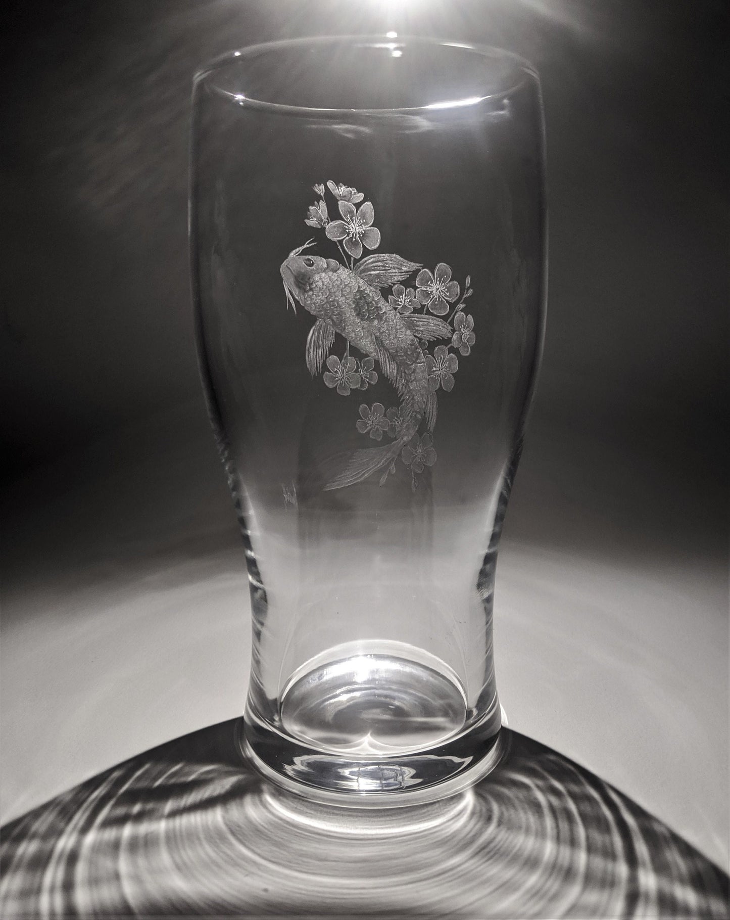 Hand Engraved Koi Fish Pint Glass – Cherry Blossom and Koi Fish Gift