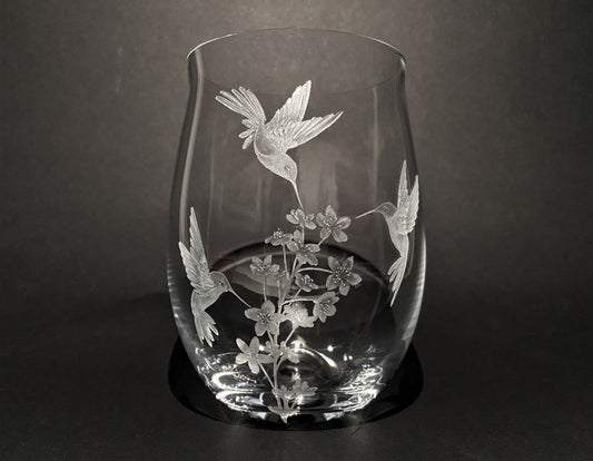 Hand Engraved Hummingbirds and Flowers - Unique Hummingbird Stemless Wine Glass