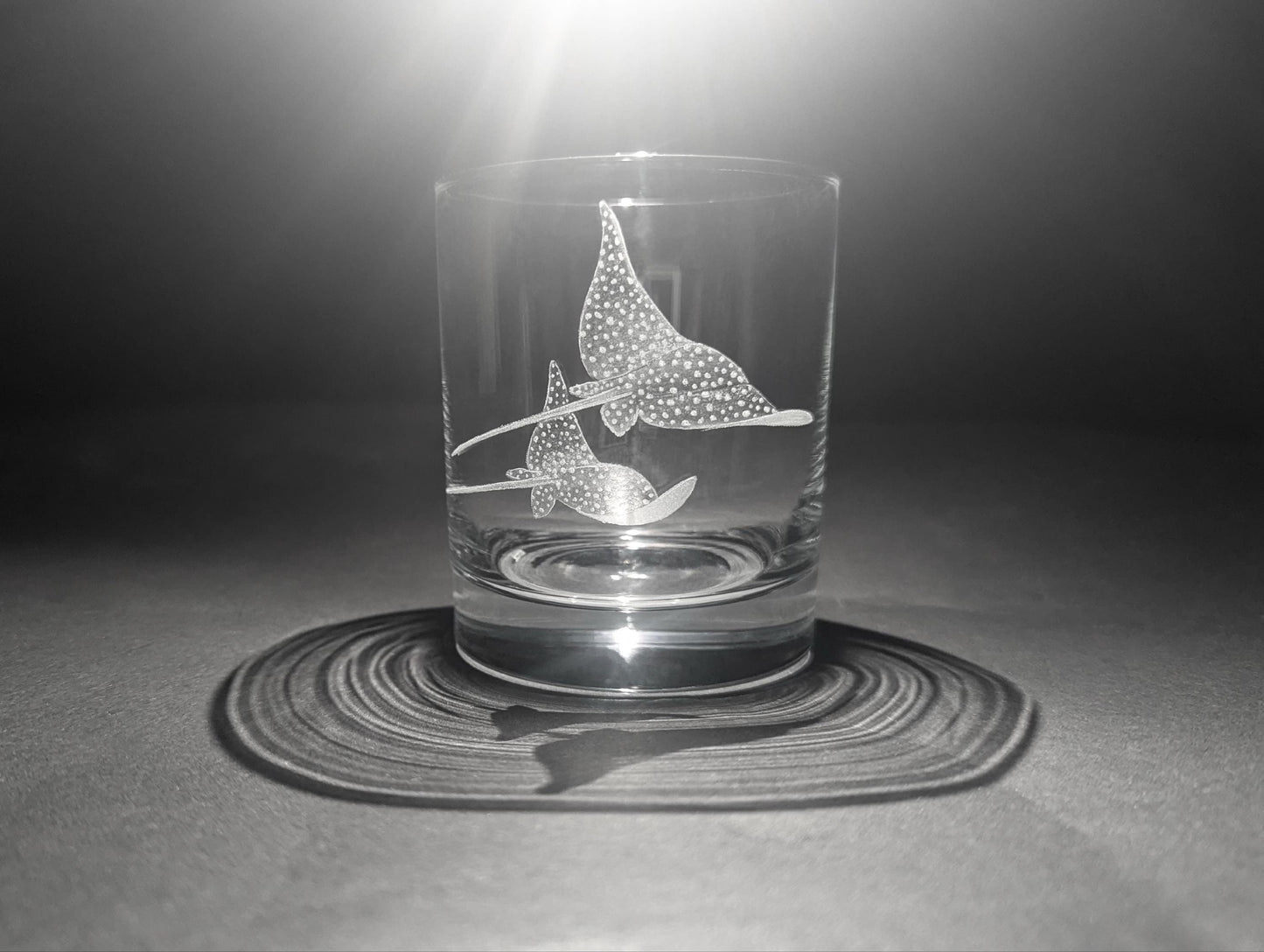 Hand Engraved Spotted Eagle Ray Whisky Glass – Unique Ocean Gift