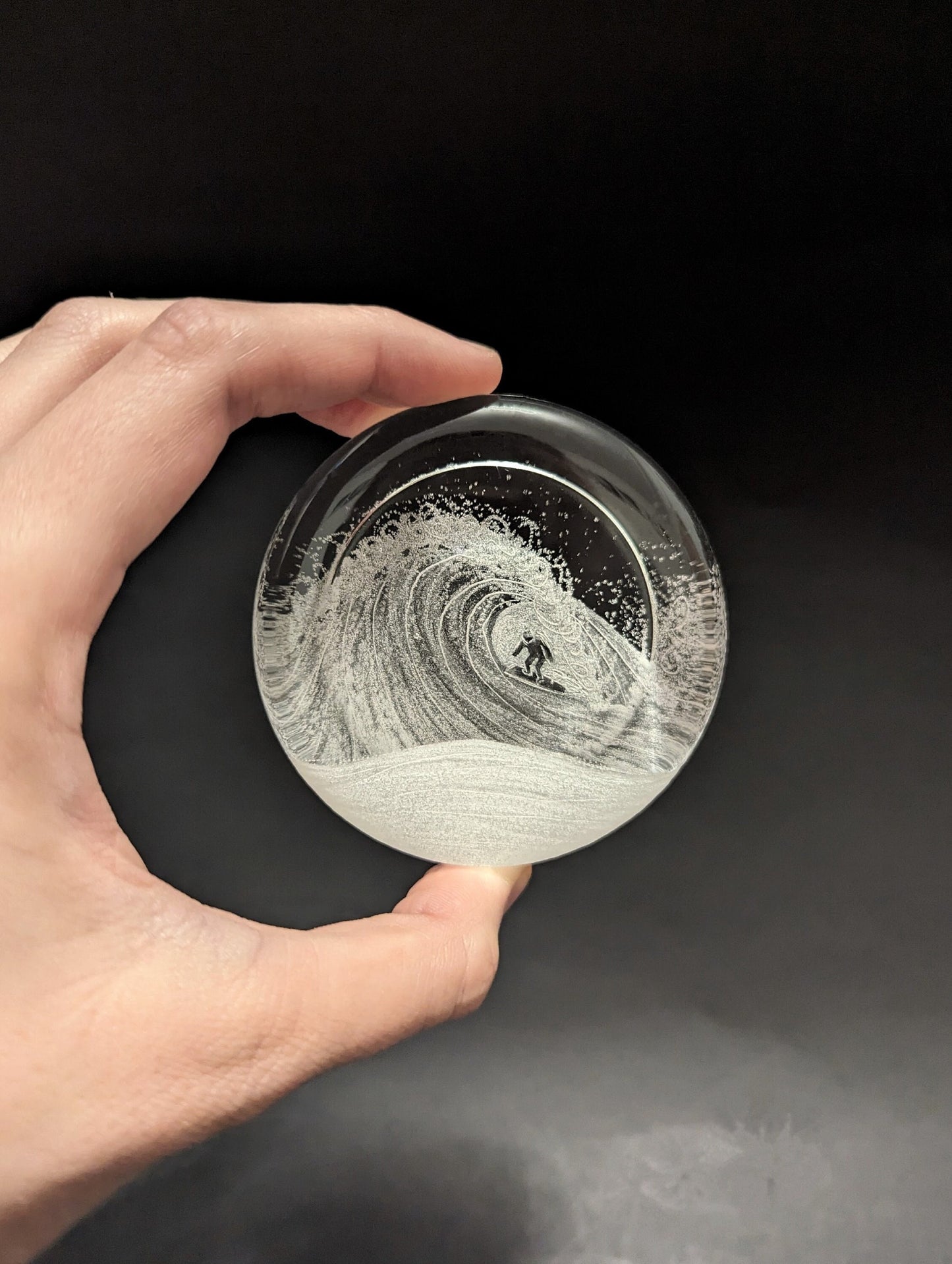 Hand Engraved Wave Paperweight - Surfing Glass Gift - Ocean Wave