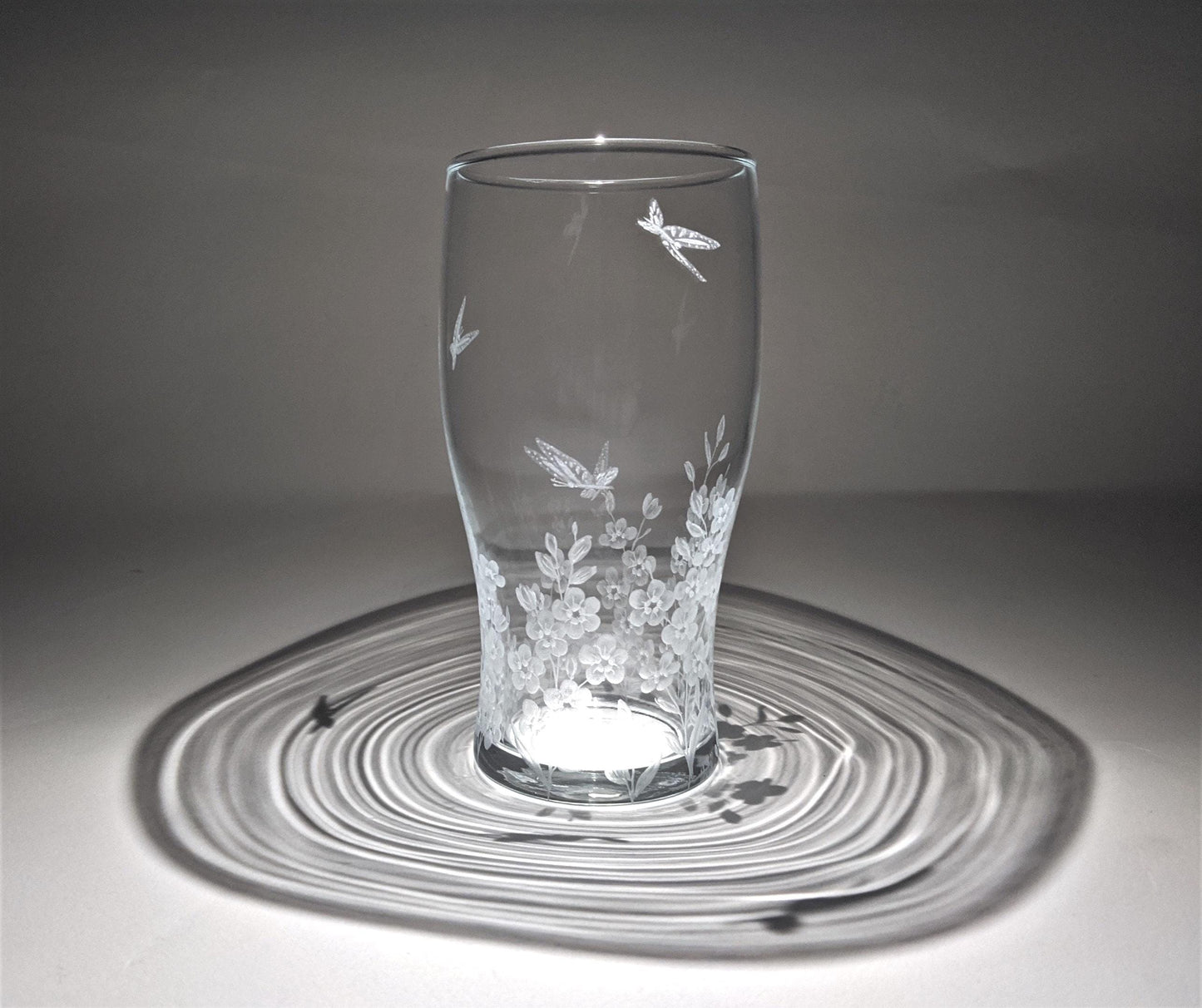 Hand Engraved Floral Beer Glass - Forget Me Not and Butterflies