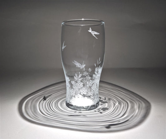 Hand Engraved Floral Beer Glass - Forget Me Not and Butterflies