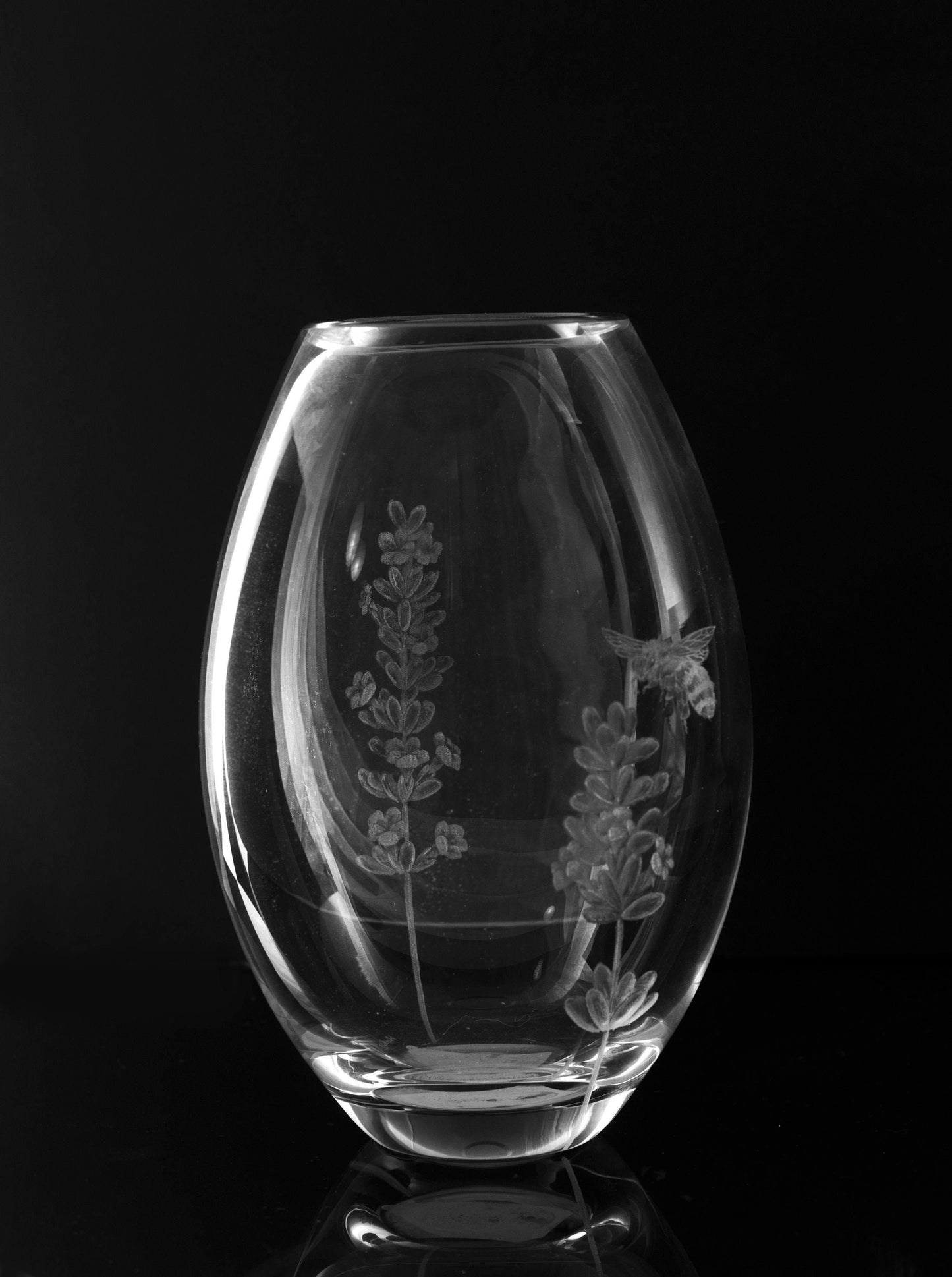 Hand Engraved Floral Crystal Vase – Lavender and Bee Gift - Flower Glass Art