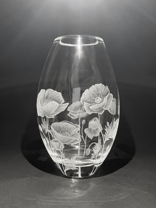 Hand Engraved Crystal Poppy Vase - Unique Gift Featuring Poppies